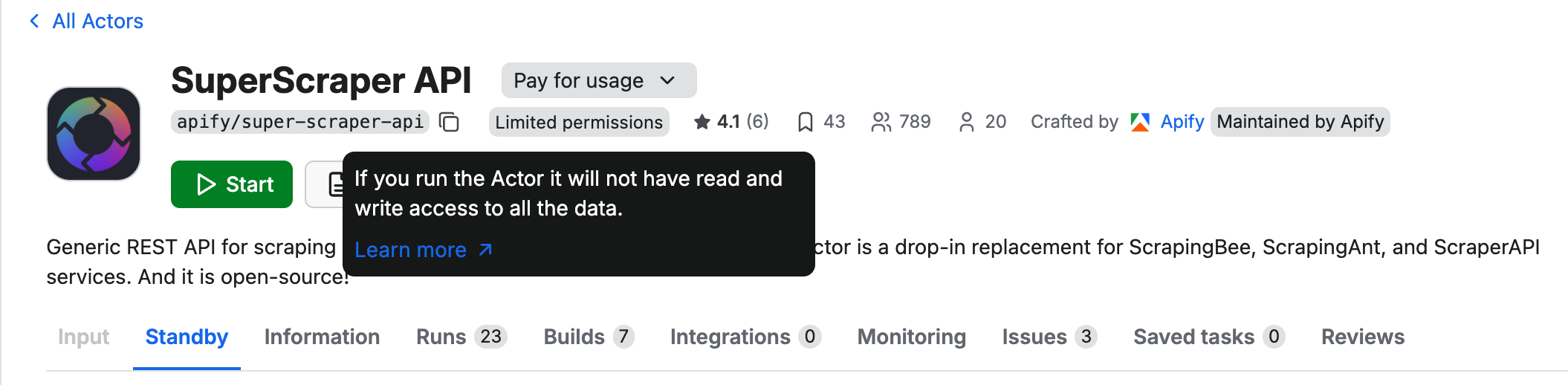 Limited-permissions badge shown on Actor detail page